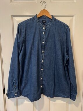 J. Crew Women’s Prairie Indigo Denim Ruffle Band-Collar Button-Down Shirt